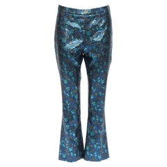 PRADA pantaloni crop blu metallizzato verde floreale lurex broccato pantaloni IT38 XS