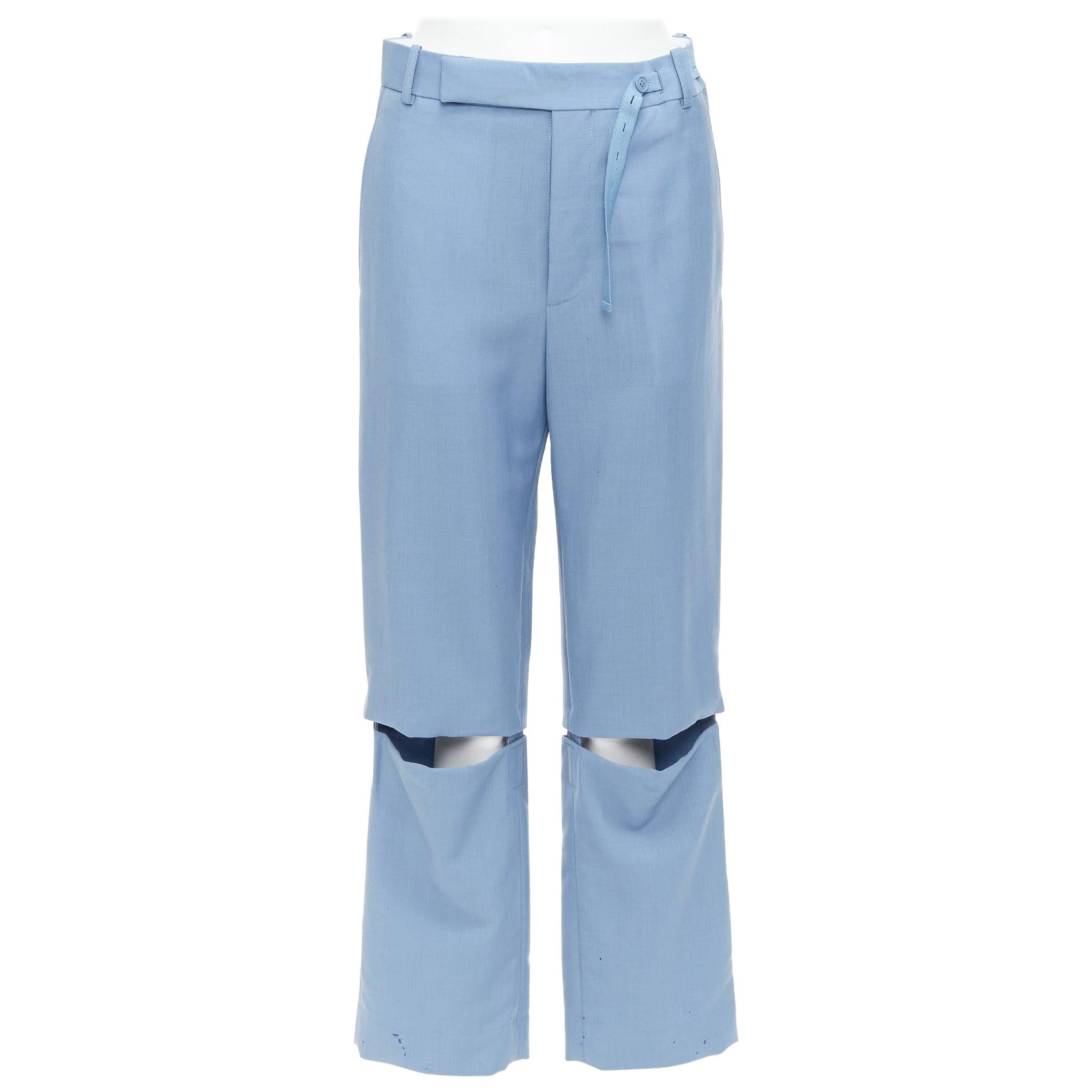 CELINE Phoebe Philo blue mohair wool knee cut out wide trousers FR36 S For Sale