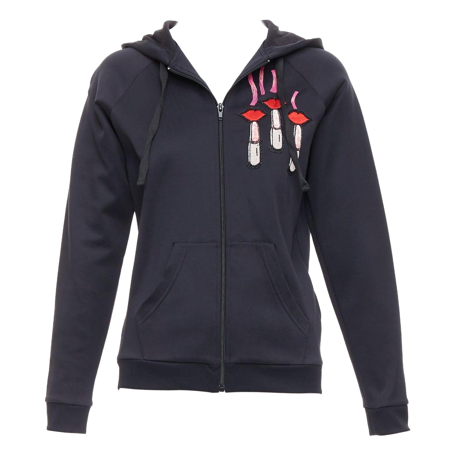 VALENTINO red pink velvet lipstick beaded applique black hoodie S For Sale