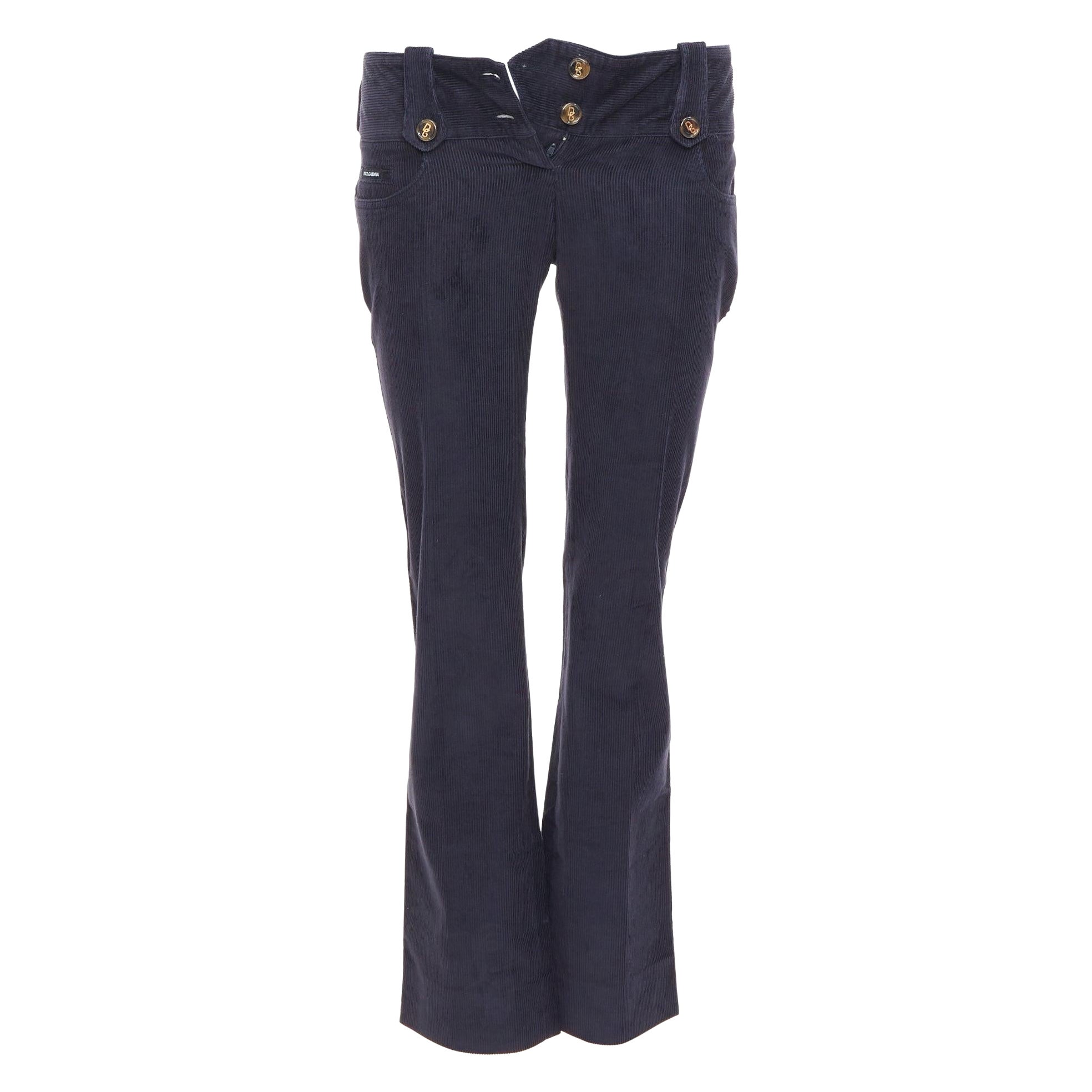 DOLCE GABBANA black corduroy DG logo button flared pants IT38 XS