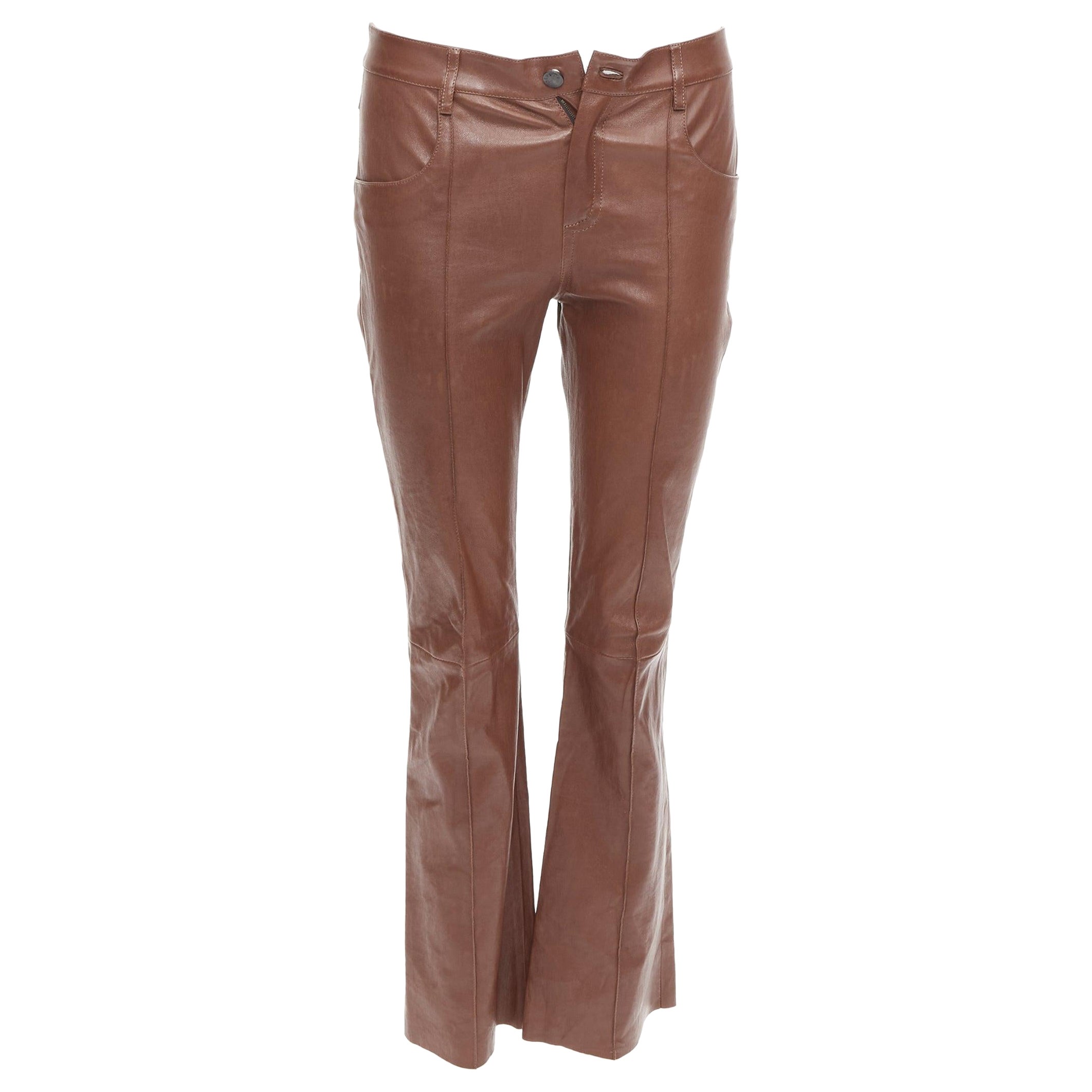 JITROIS brown genuine lambskin leather mid waist flare pants FR36 S For Sale
