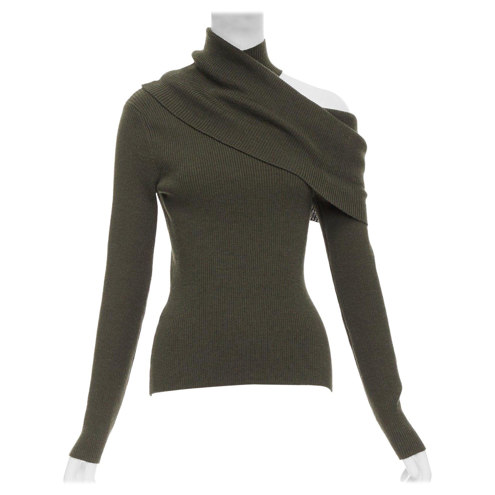 MONSE green merino wool fold over draped off shoulder sweater S For Sale