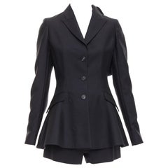 CHRISTIAN DIOR black virgin wool silk applique bar jacket shorts set FR38 M