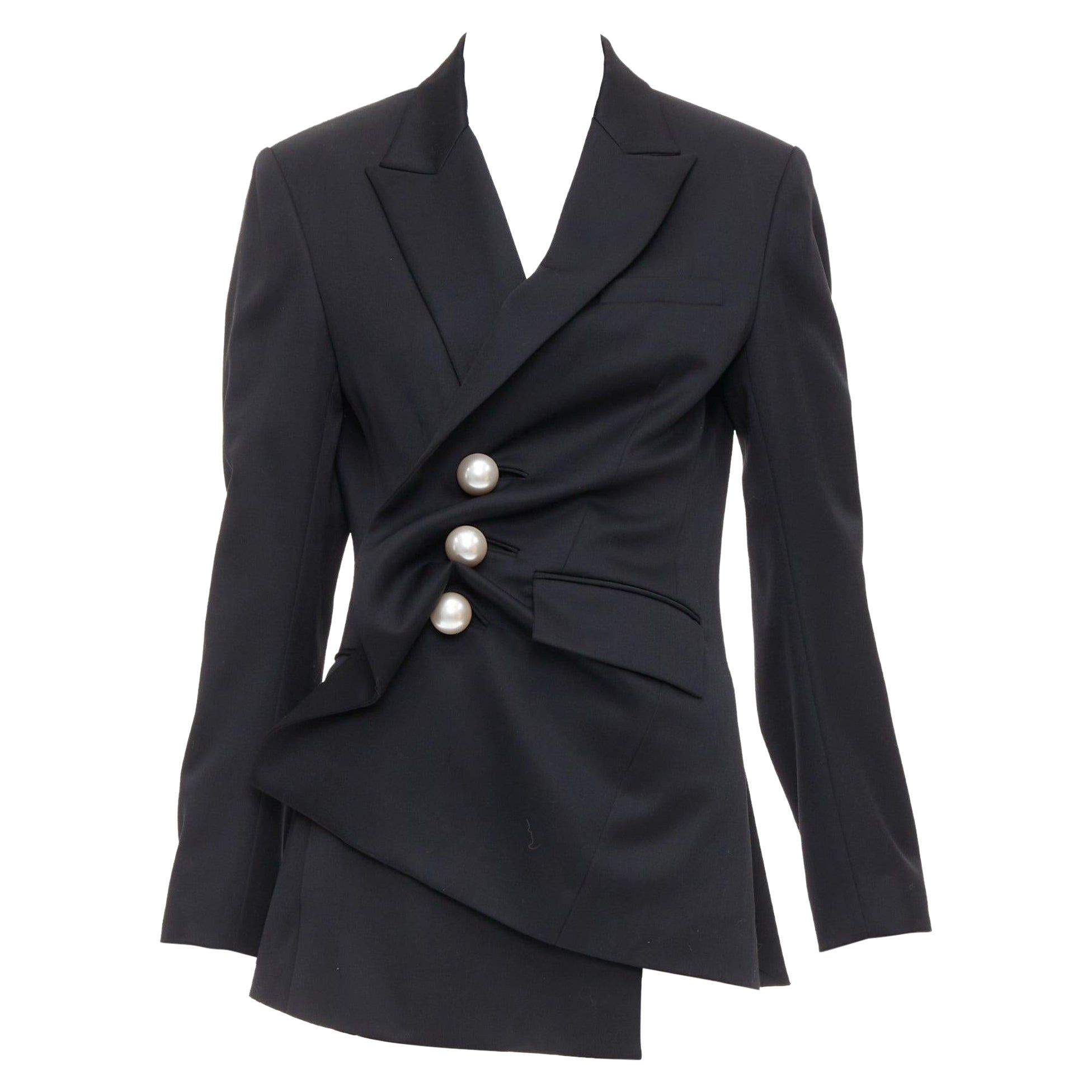 KIMHEKIM 2022 Venus blazer drappeggiato in lana nera con bottoni perlati FR36 S