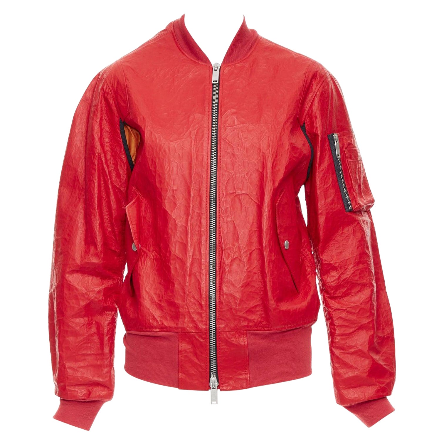 UNRAVELPROJECT red leather tyvek orange nylon lined bomber jacket IT38 XS