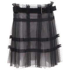 CHRISTIAN DIOR grey black lace Plumetis tulle suede belt wrap skirt