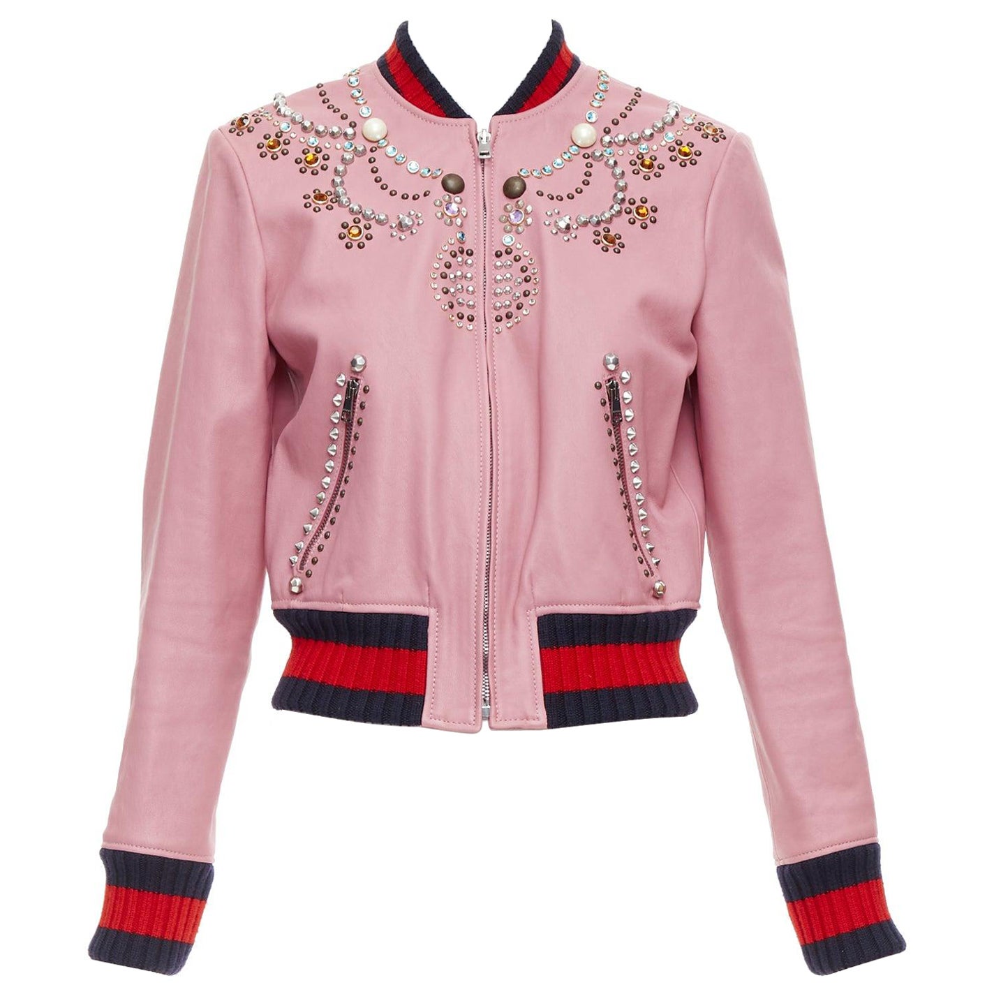 GUCCI pink lambskin pearl embellished web trim crop bomber IT40 S