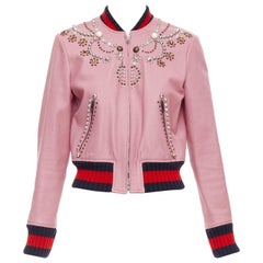 GUCCI pink lambskin pearl embellished web trim crop bomber IT40 S