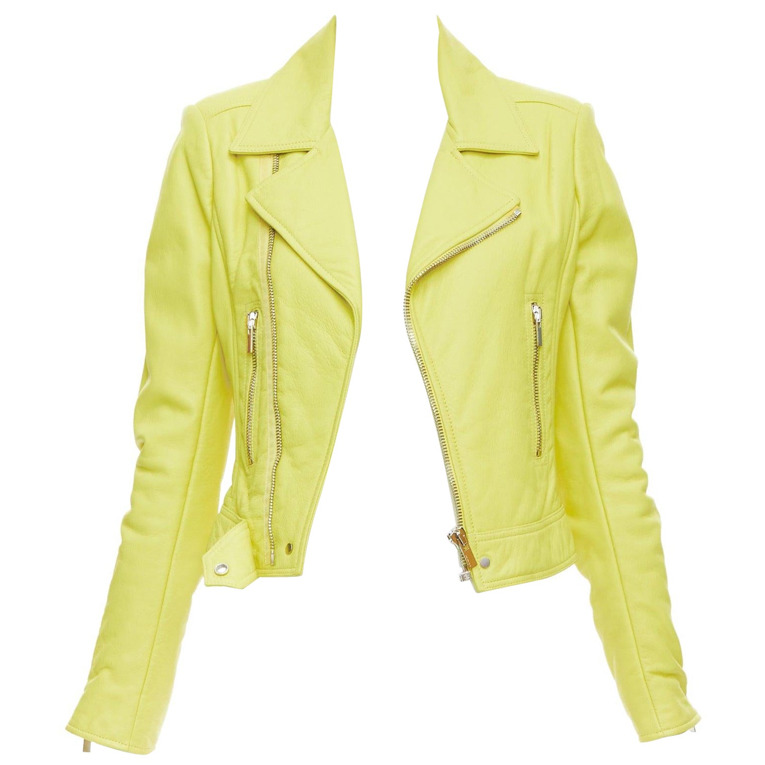 BALENCIAGA 2014 yellow lambskin leather crop biker jacket FR38 M
