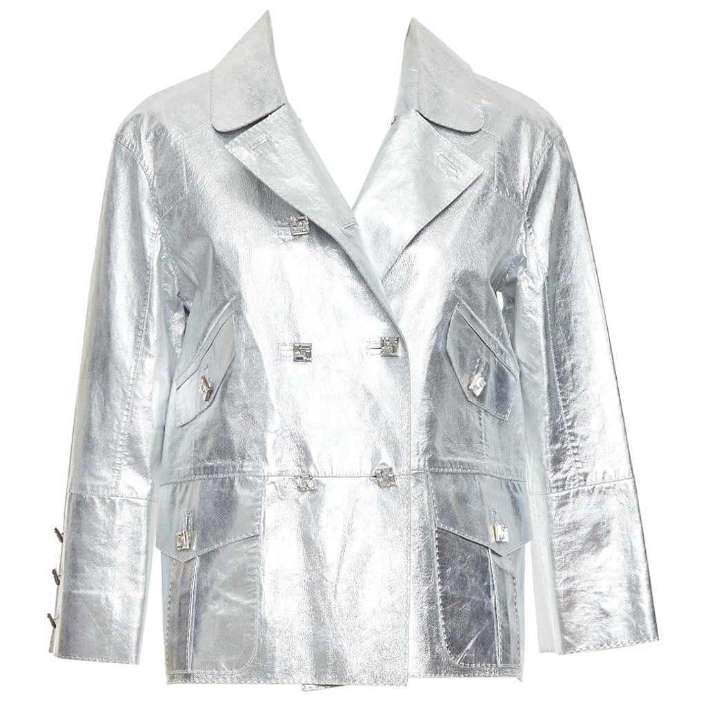 LOUIS VUITTON Marc Jacobs metallic silver leather crystal button jacket FR36 S
