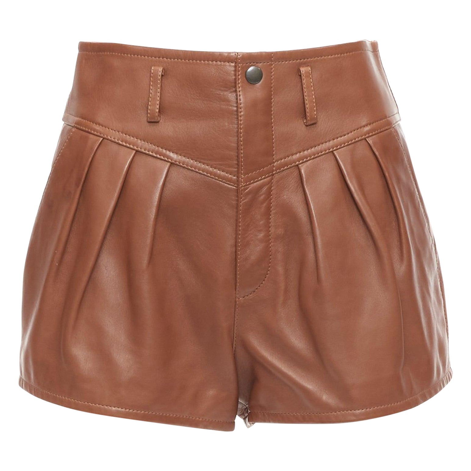 SAINT LAURENT 2020 brown lamb leather pleated riding shorts FR36 S For Sale