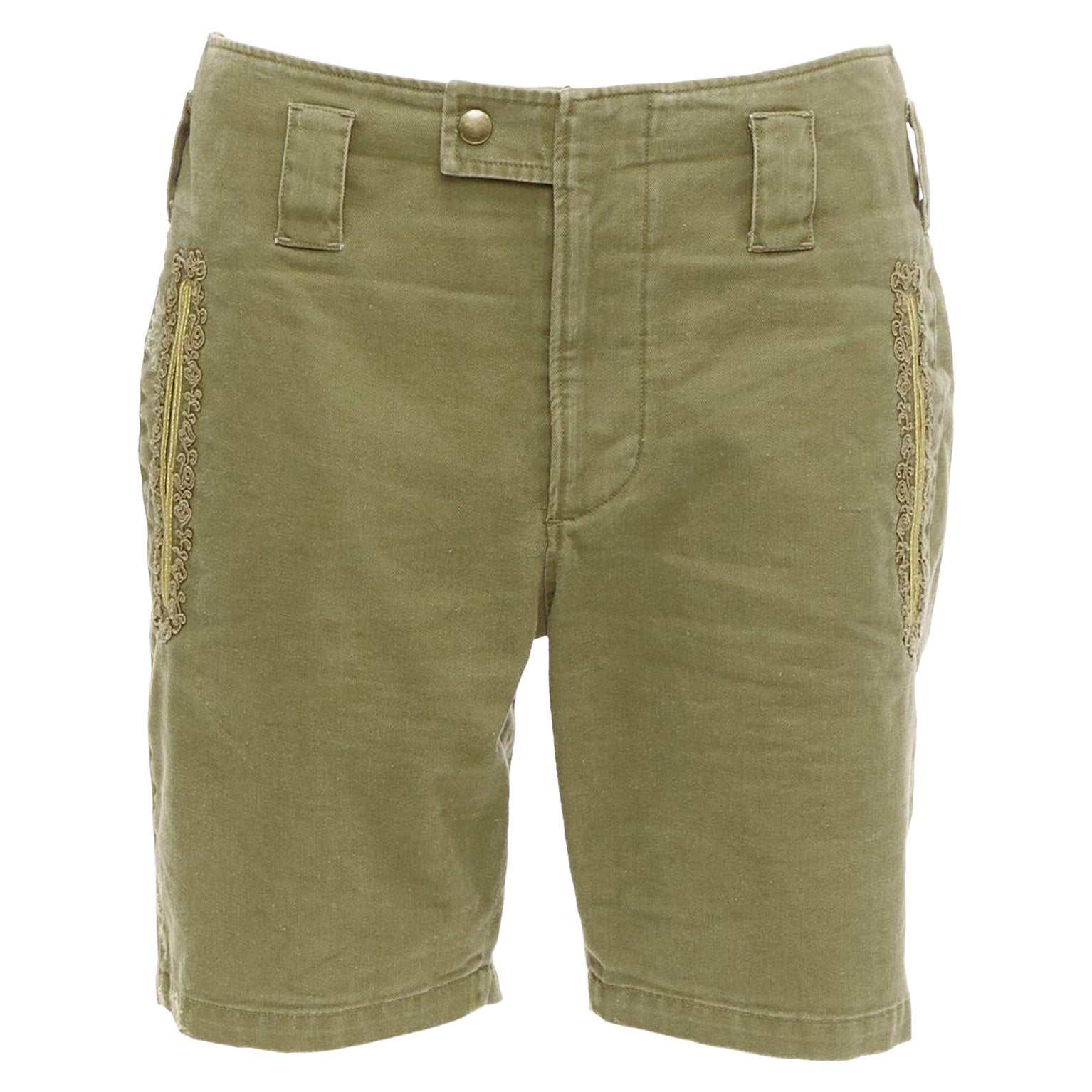 SAINT LAURENT 2018 green gold cotton ramie embroidered military shorts FR36 S For Sale