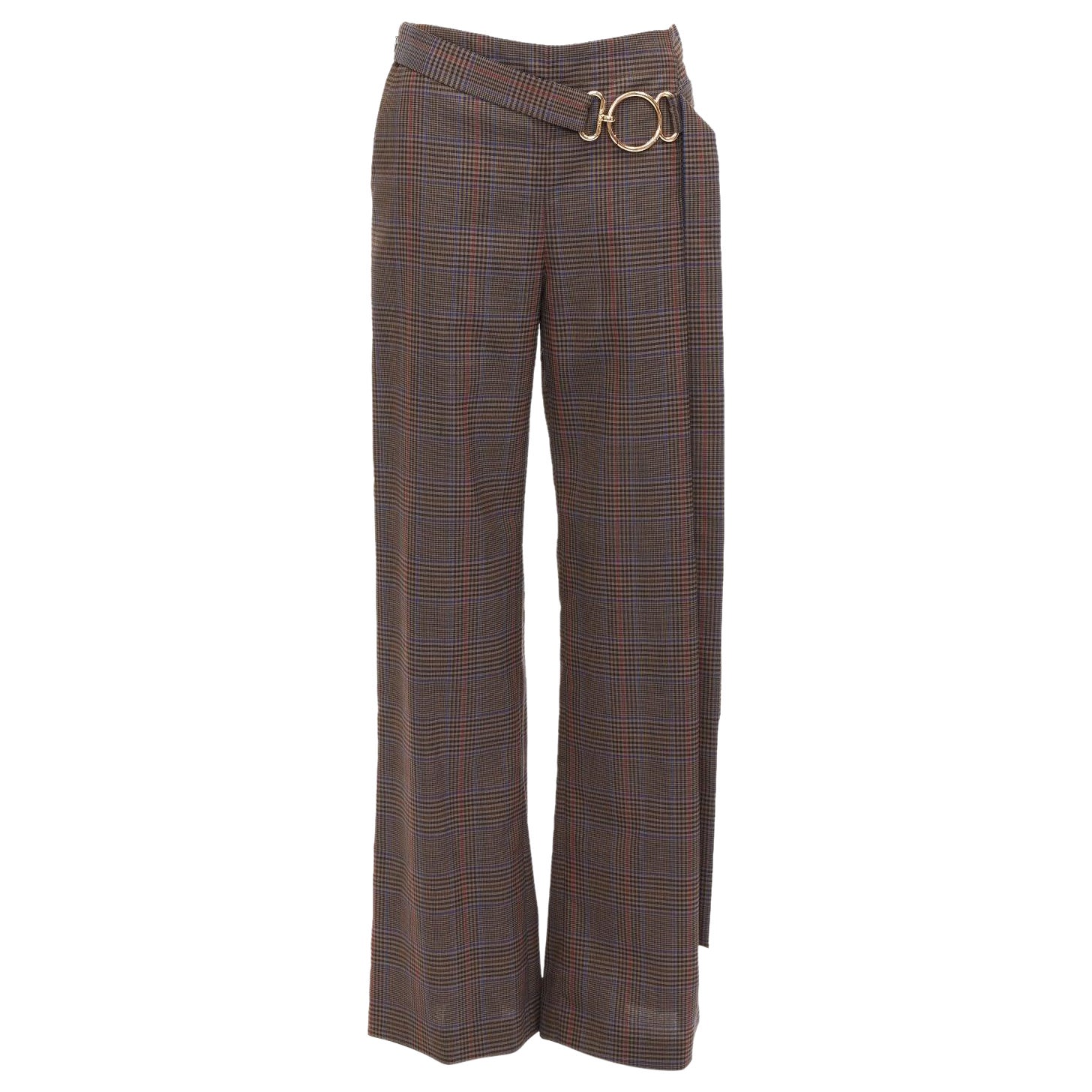MONSE brown virgin wool checkered long gold belt wide leg pants US2 S For Sale