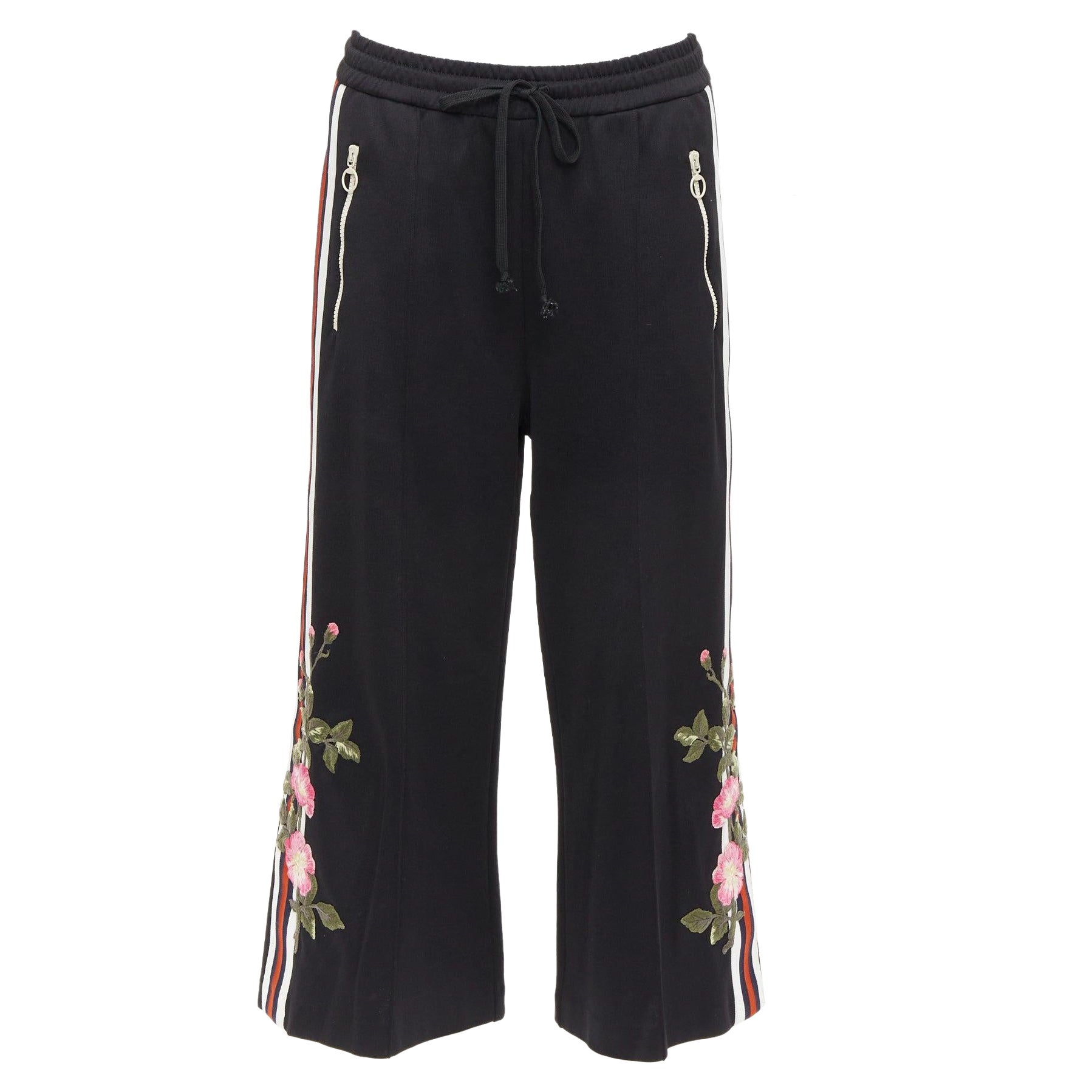 GUCCI black webbing floral patch zip pocket wide leg joggers For Sale