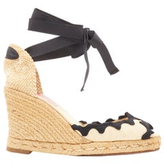 CHRISTIAN LOUBOUTIN beige canvas black scalloped espadrille wedge heel EU37