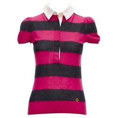 GUCCI 100% cashmere pink black GG charm collar puff sleeve polo shirt IT38 XS