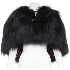 LOUIS VUITTON châle cape doublé de fourrure de renard noir ceinture cuir cœur FR34 XS