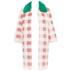 raro GUCCI rosa crema cuadros tinte visón piel cuello verde abrigo largo IT38 XS