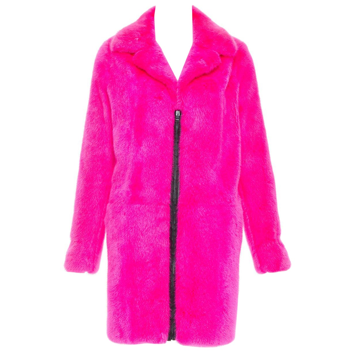 SAINT LAURENT 2015 hot pink mink fur black leather zip long coat FR38 M For Sale