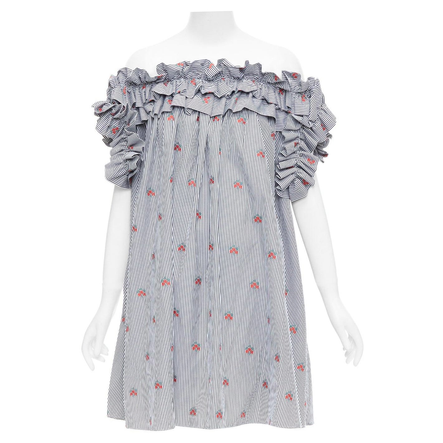 ALEXANDER MCQUEEN 2017 red floral blue pinstripe ruffle tent dress IT42 M For Sale