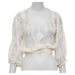 CHANEL 06P cream 100% silk CC dotted print allover wrap blouse FR36 S