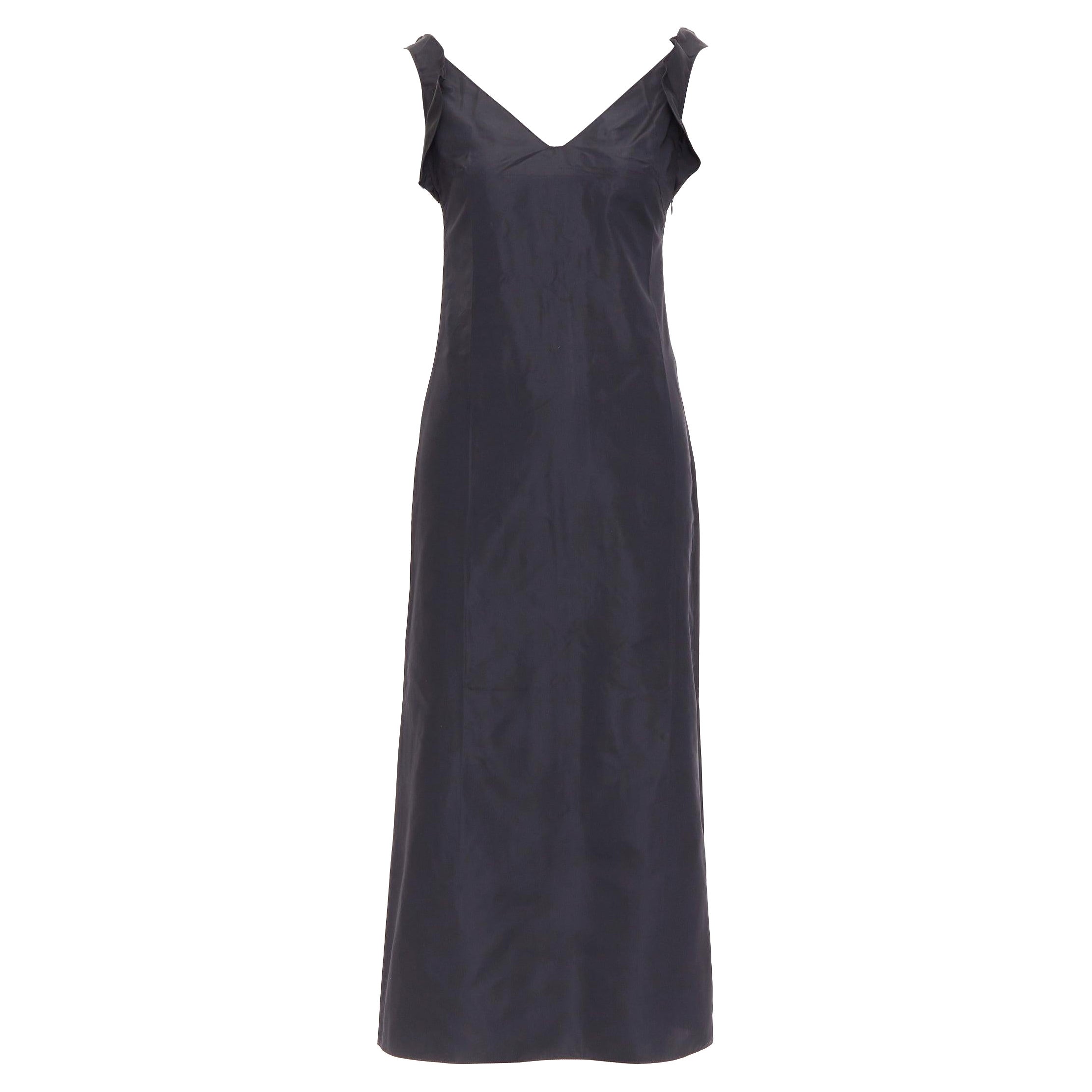 MIU MIU FW98 Vintage black silk blend ruffle strap V back dress IT38 XS For Sale