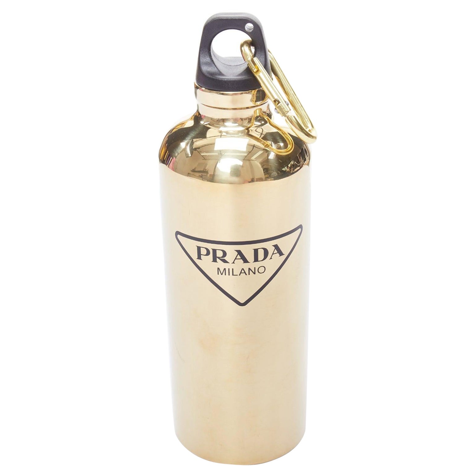PRADA mirrored gold stainless steel black logo water bottle