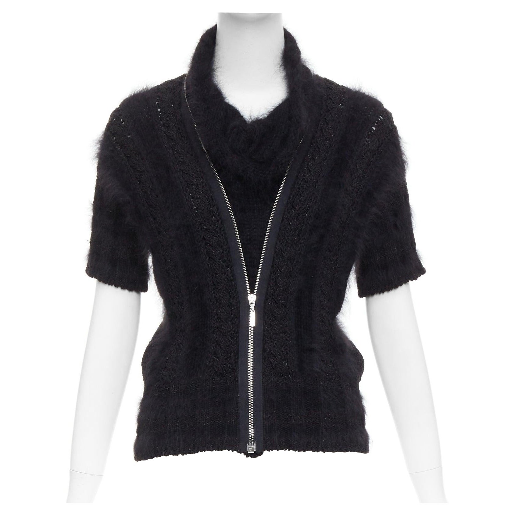 CHANEL 08A pull-over superposé CC zippé en angora mélangé noir duveteux FR36 S