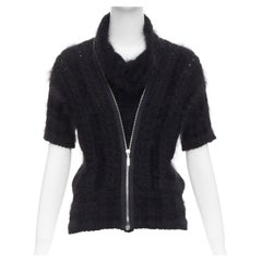 CHANEL 08A black fluffy angora blend CC zip layered sweater FR36 S