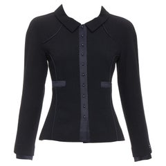 CHANEL 02A 100% wool black satin trim pearl stud buttons jacket FR36 S