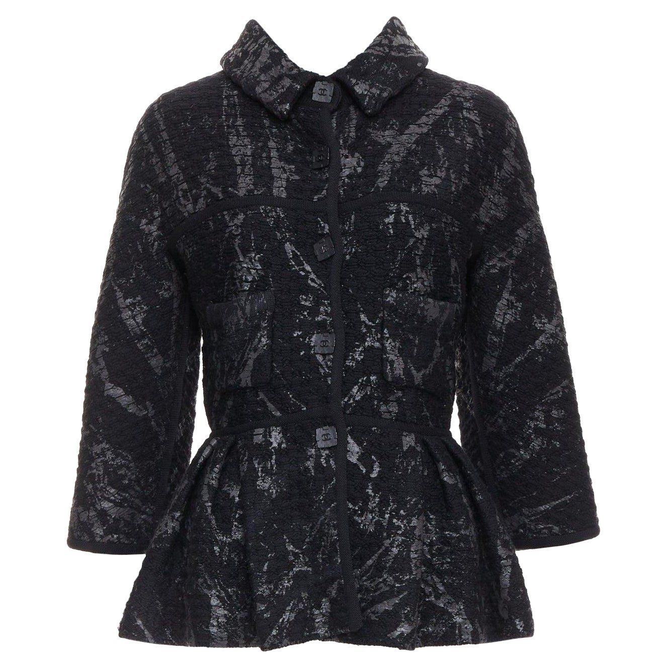 Chanel 11A grigio nero dipinto tweed CC bottoni quadrati peplum cappotto FR38 M