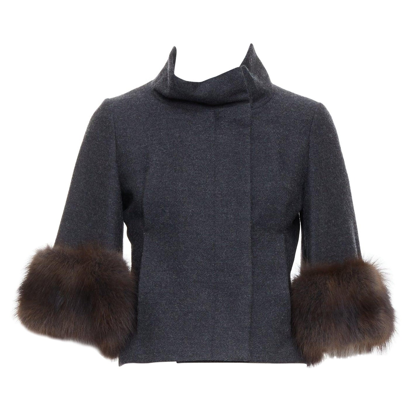 MARNI giacca cropped in misto lana grigio antracite con bordo in pelliccia IT40 S