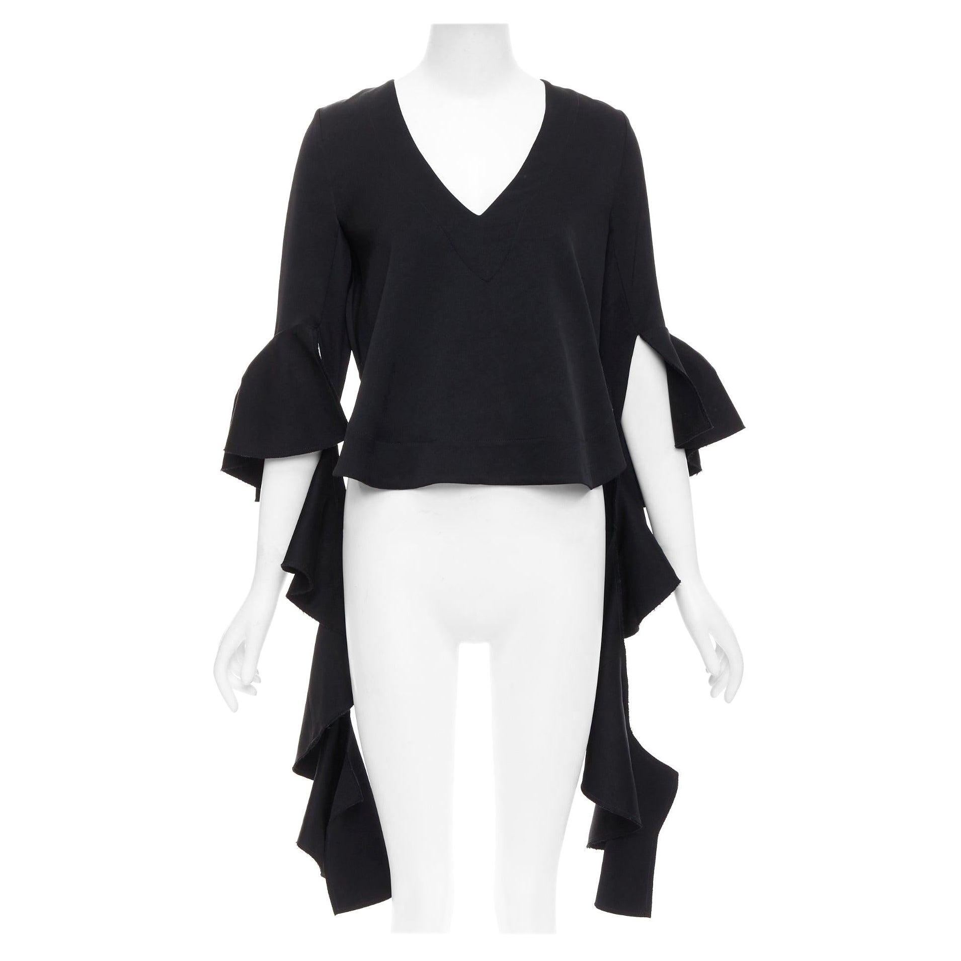 ELLERY black cascade sleeves high low hem V-neck top UK8 S For Sale