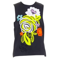 CHRISTOPHER KANE 2016 Schwarze neonfarbene, floral bestickte Weste mit Blumenstickerei vorne UK12 L