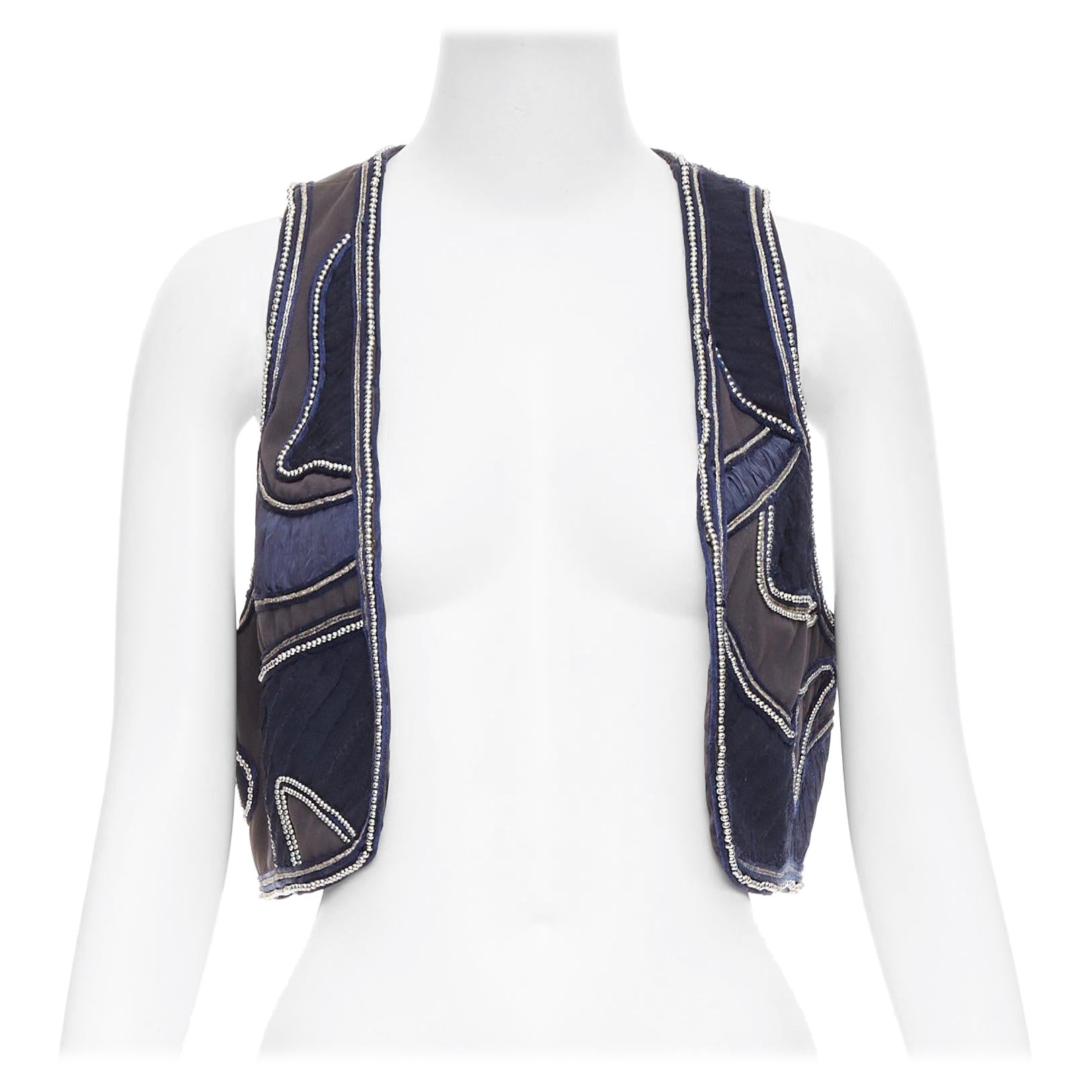 3.1 PHILLIP LIM blue silver dome studded silk lined patchwork vest US4 S For Sale