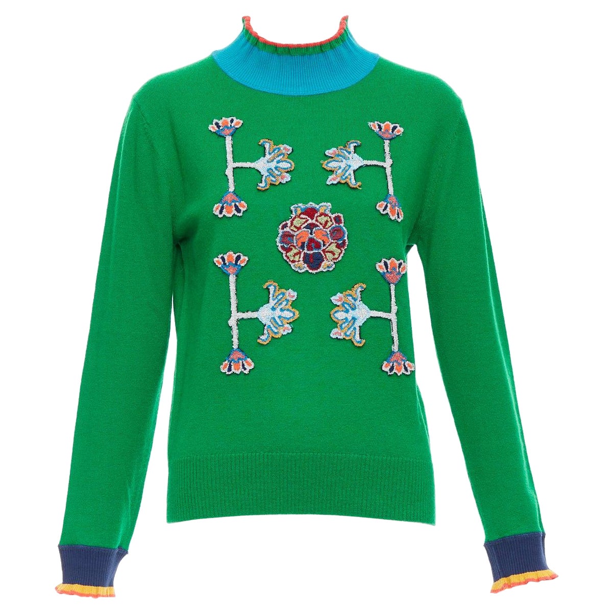 VIVIENNE TAM green merino wool cashmere oriental patch sweater M For Sale