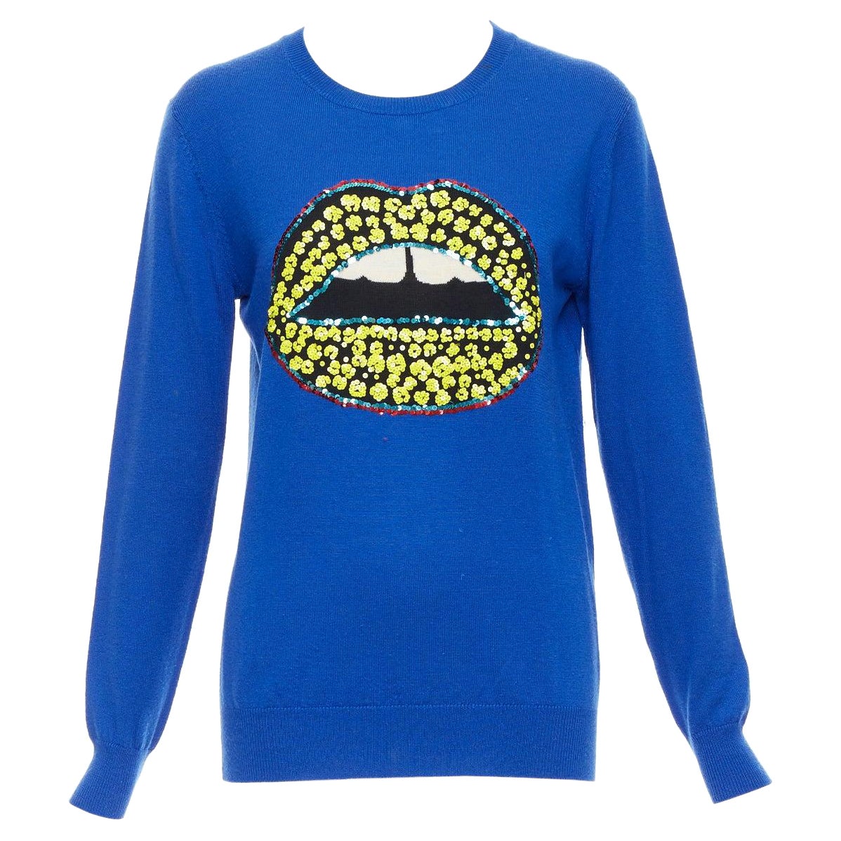 MARKUS LUPFER blue merino wool yellow sequin lip sweater S For Sale