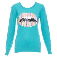 MARKUS LUPFER teal merino wool multicolor sequin lip sweater S