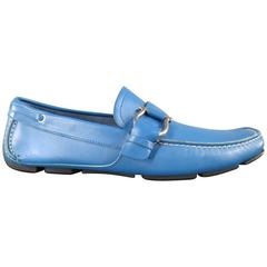 Men's SALVATORE FERRAGAMO Size 8 Teal Blue Leather Giancini Driver Loafers