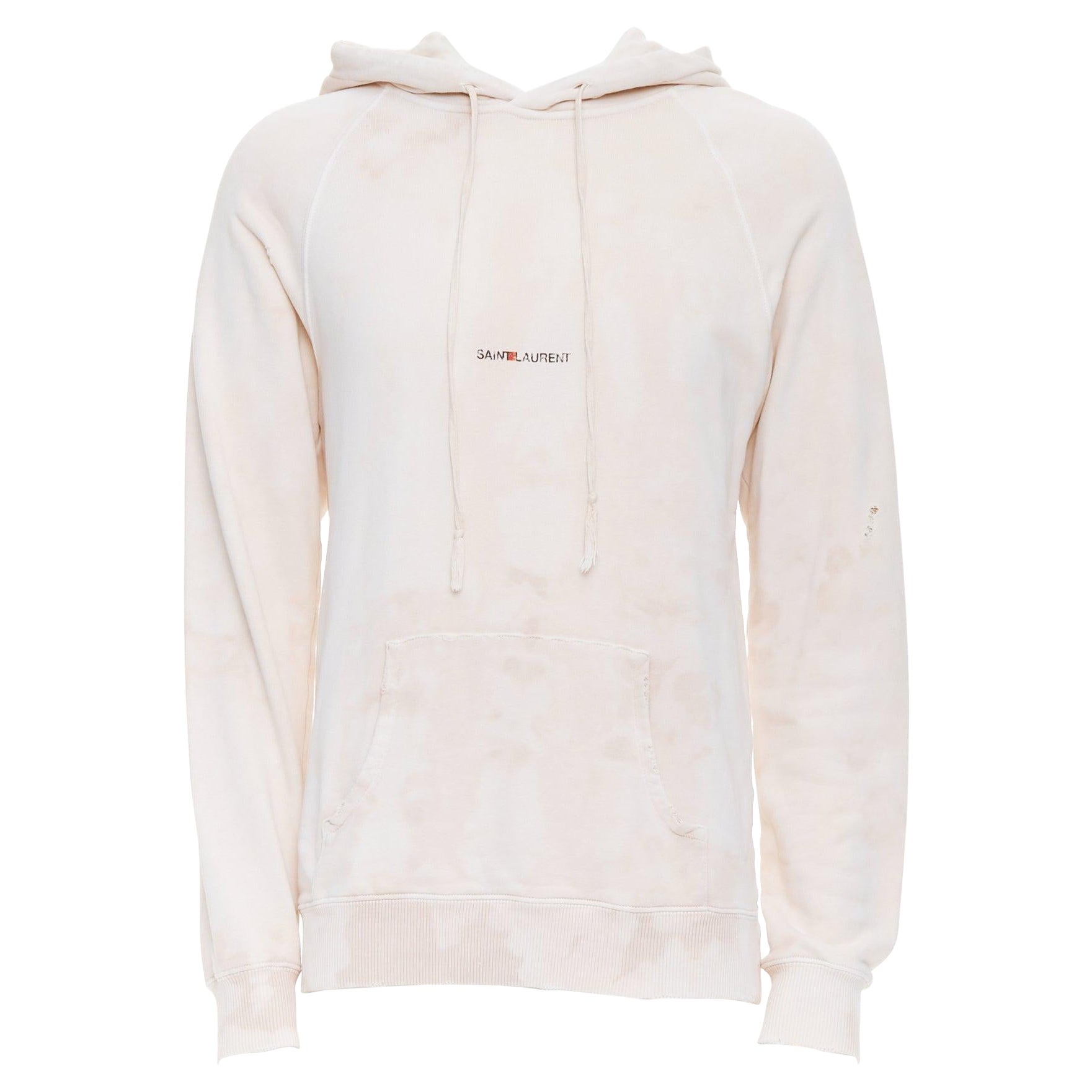 SAINT LAURENT 2018 cream washed tie ye distressed logo hoodie S For Sale