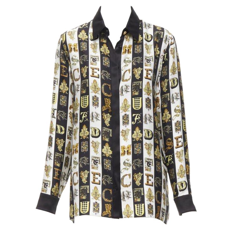 VERSACE Virtus Alphabet black gold Barocco Medusa button silk shirt IT42 M For Sale