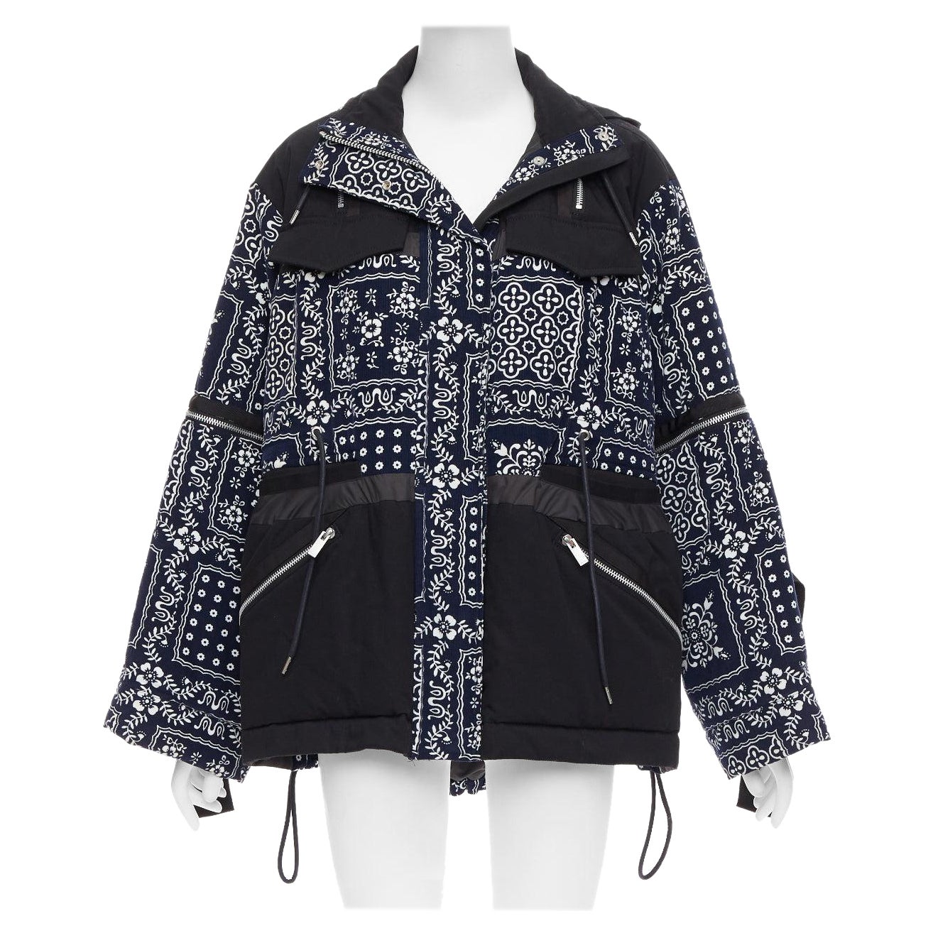 SACAI Reyn Spooner 2018 navy black cotton printed padded coat JP1 S For Sale