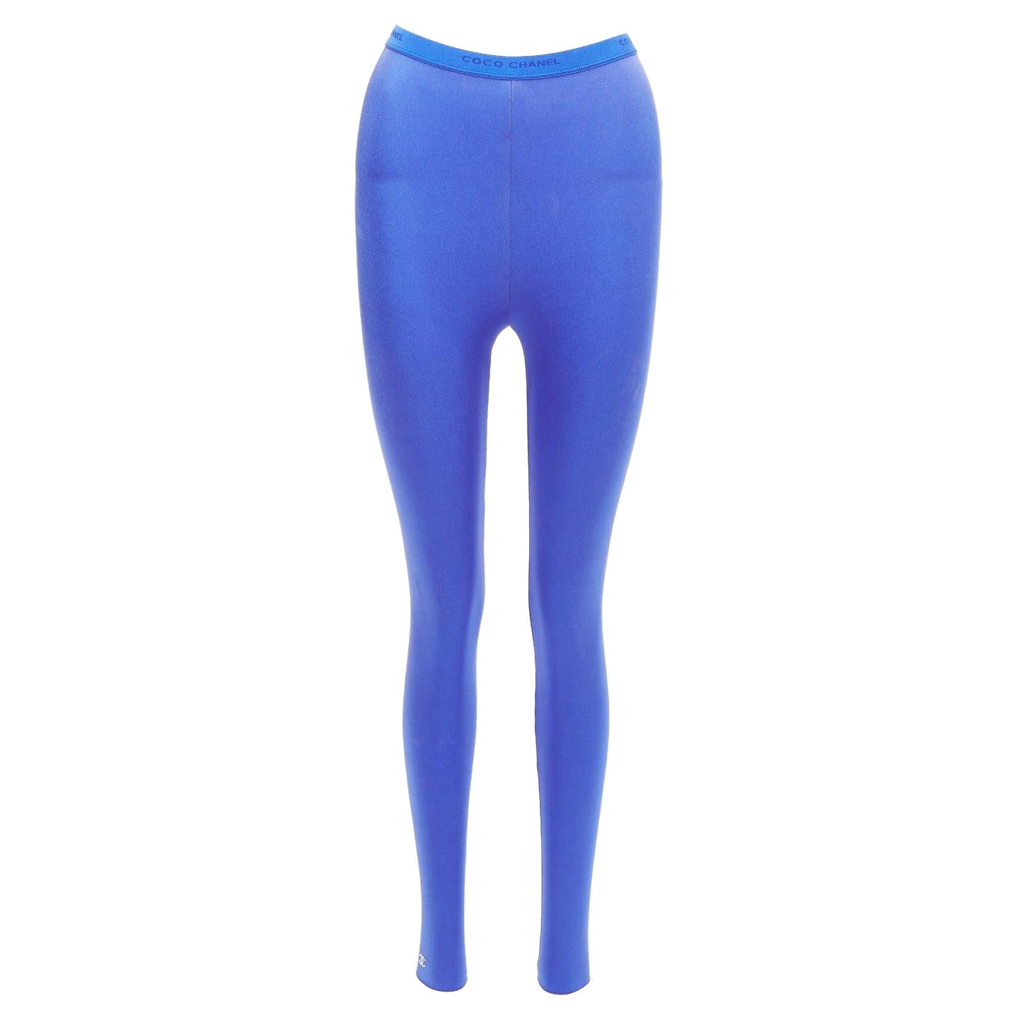 CHANEL cobalt blue crystal CC logo coco waistband leggings FR34 XS For Sale