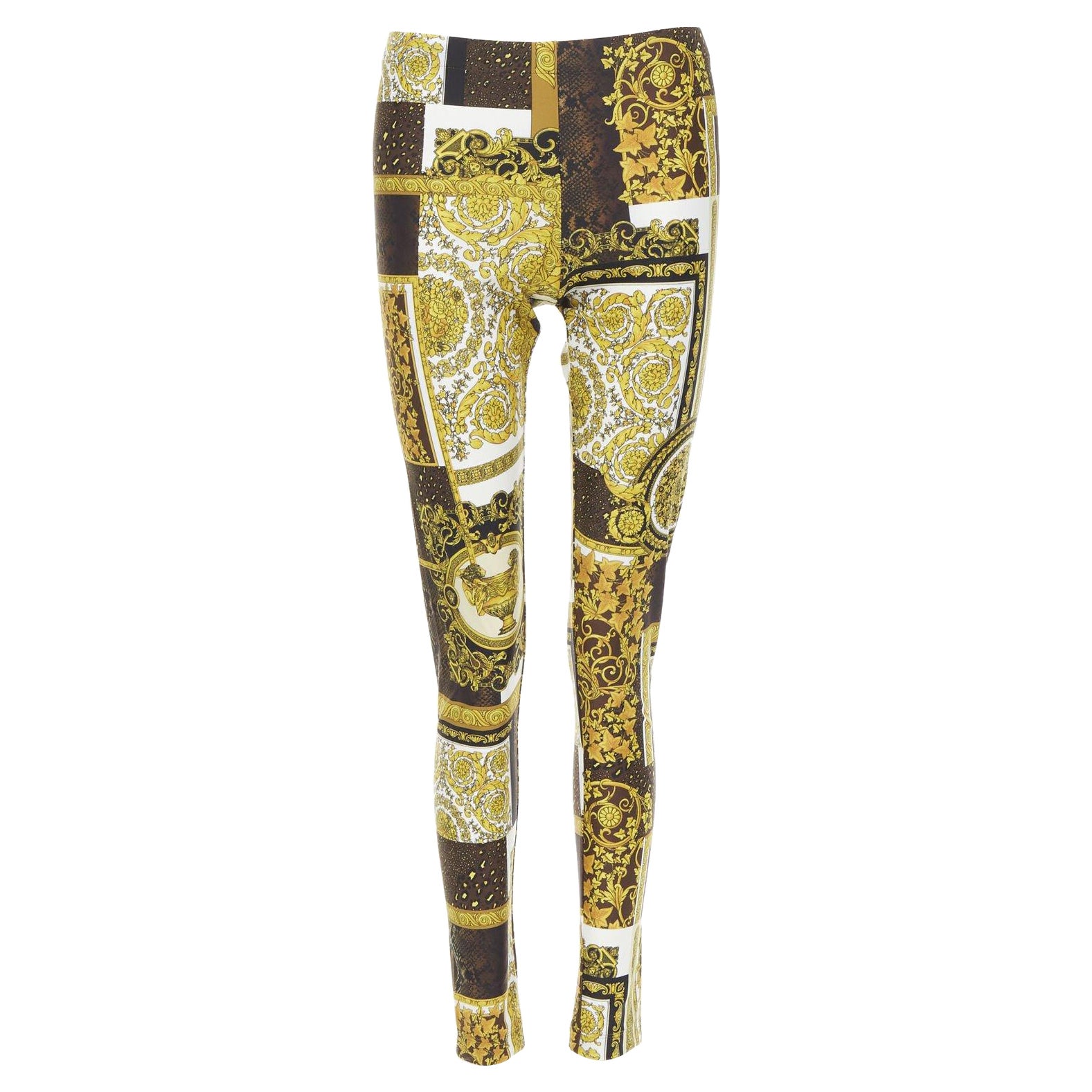 VERSACE Mosaic Barocco black gold brown print stretchy leggings IT40 S For Sale