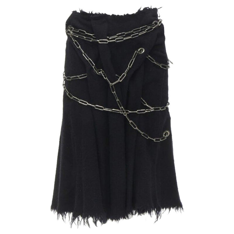 Runway JUNYA WATANABE 2003 jupe midi en laine bouillie noire effilochée avec chaîne punk S en vente