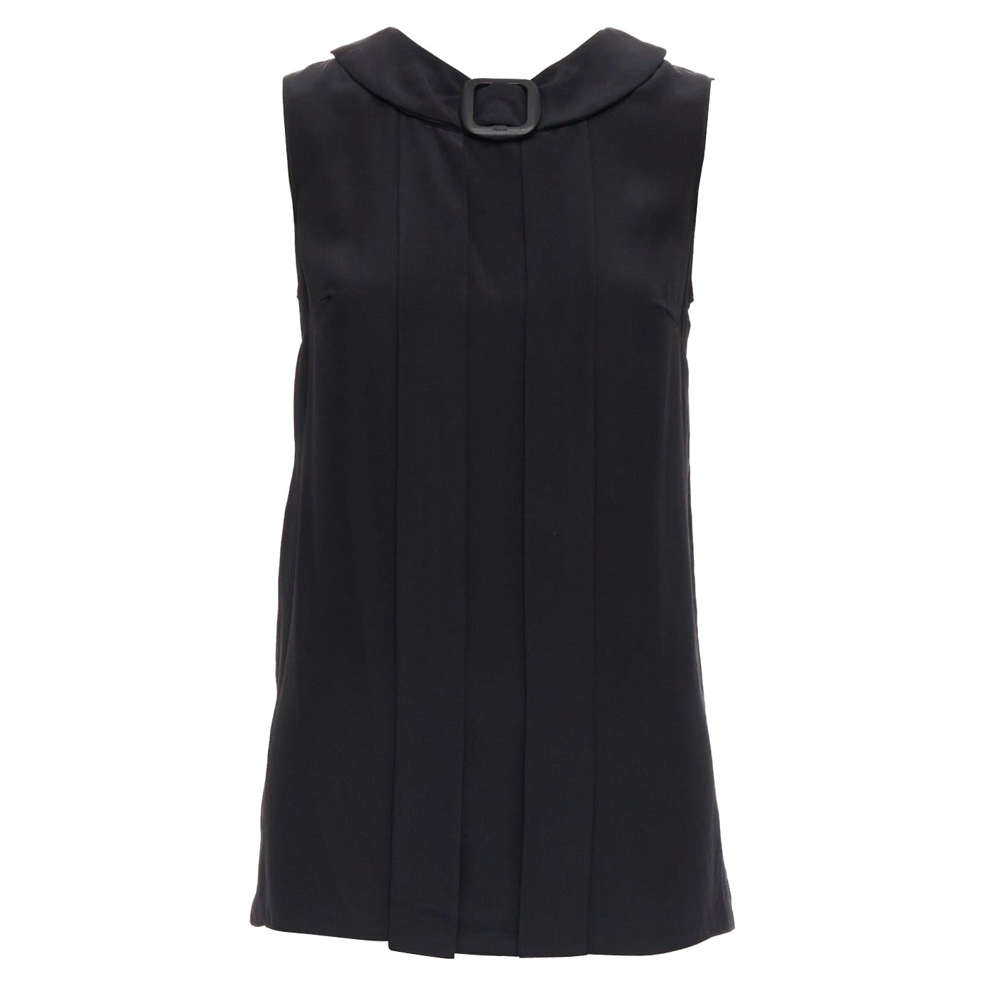 PRADA 2011 black 100% silk logo plastic buckle neck pleated top IT38 XS For Sale
