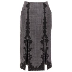 JONATHAN SIMKHAI grey wool houndstooth lace applique dual slit pencil skirt US4