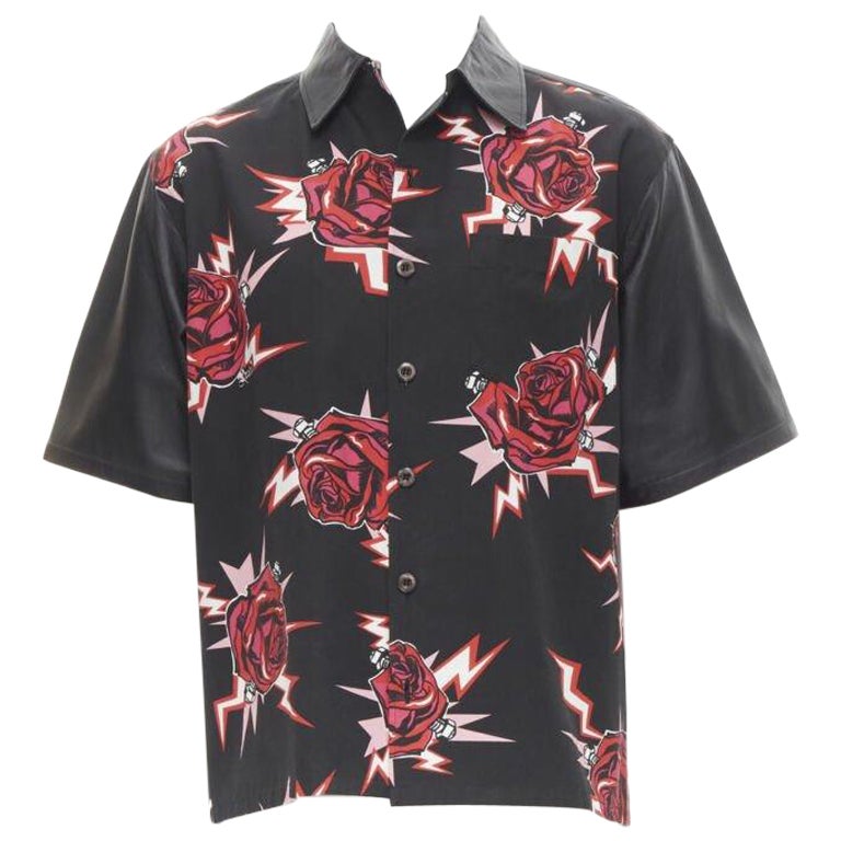PRADA 2019 black red Rose Bolt cotton leather boxy bowling shirt EU48 M For Sale