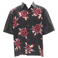 PRADA 2019 noir rouge Rose Bolt coton cuir chemise bowling boxy EU48 M