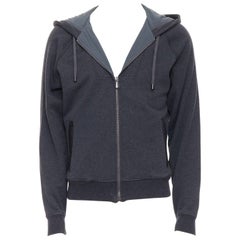 BOTTEGA VENETA sudadera con capucha gris algodón lana negro intrecciato piel cremallera IT46 S